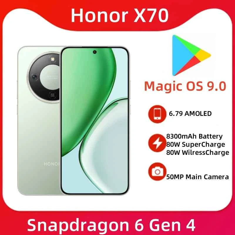 Original HONOR X70 5G Mobile Phone 6.79 Inches AMOLED Display Snapdragon 6 Gen 4 Battery 8300mAh Google Play Smartphone