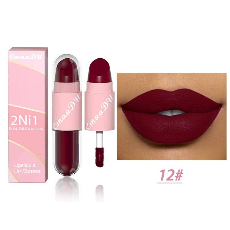 18 Colors 2 in 1 Matte Lipstick Liquid Purple Lip Glaze Double Head Lip Makeup Lasting Waterproof Velvet Sexy Dark Red Lipsticks - Maliame Store