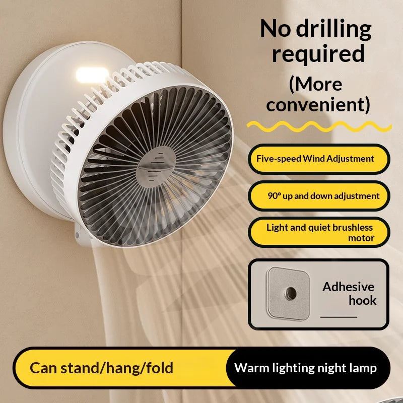 Ventilateur Pliable Rechargeable – Phosphorescent, Silencieux, Fixation Murale