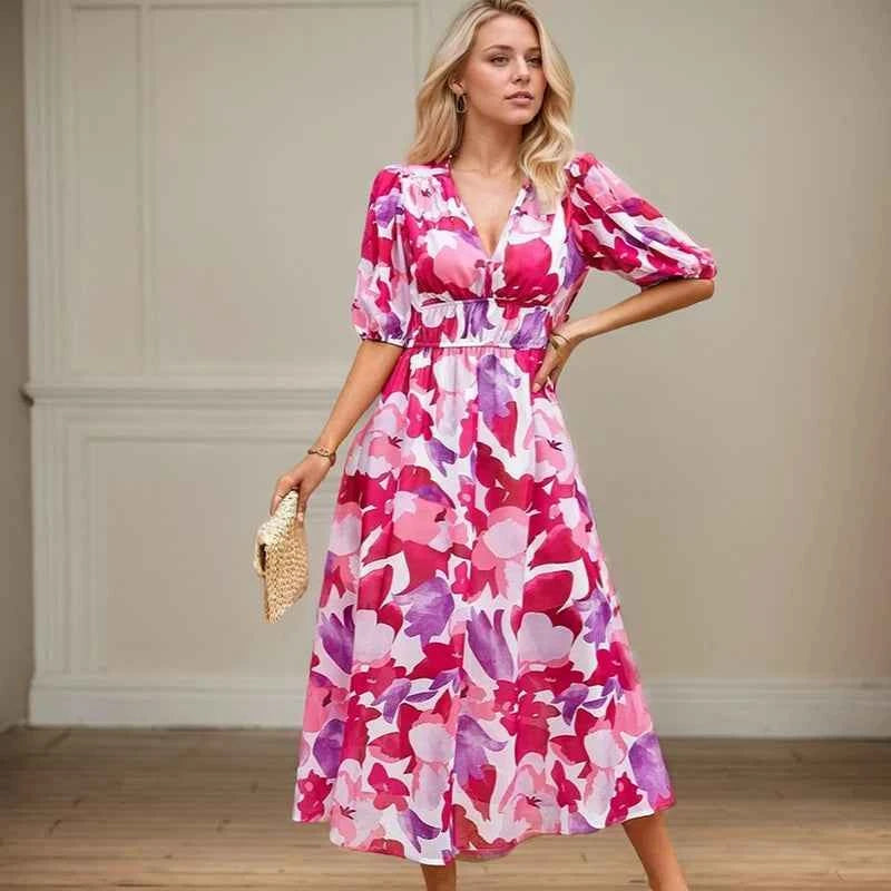 Sexy V Neck Dress For Women Luxury Deep V Neck Quarter Sleeve Elastic Waist Floral Dresses Casual Resort Tea Break A-Line Dress