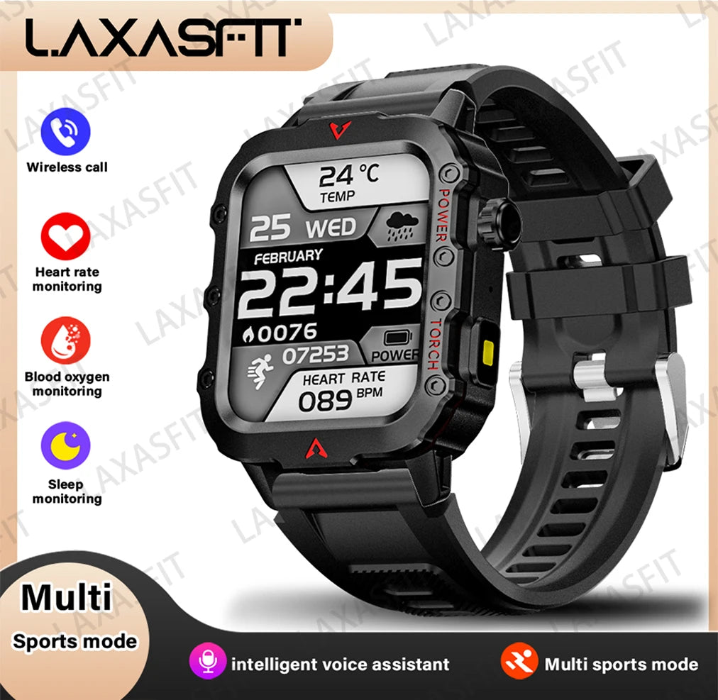 Montre Connectée Homme LAXASFIT – Torche LED, Sport, Suivi Santé, Bluetooth 5.2