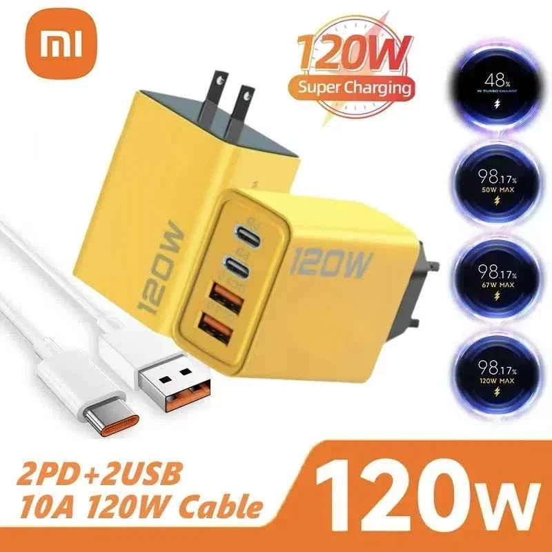 120W Fast Charger with 4-Port USB C PD Adapter and 10A Type-C Cable for Xiaomi, iPhone 16, and Huawei - Maliame Store