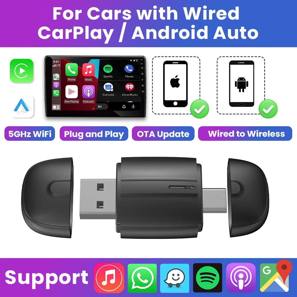 Android Auto Wireless Carplay Type-c USB Bluetooth Wifi Plug and Play 2In1 Dongle For Chevrolet Citroen Buick Cadillac Chery VW - Maliame Store