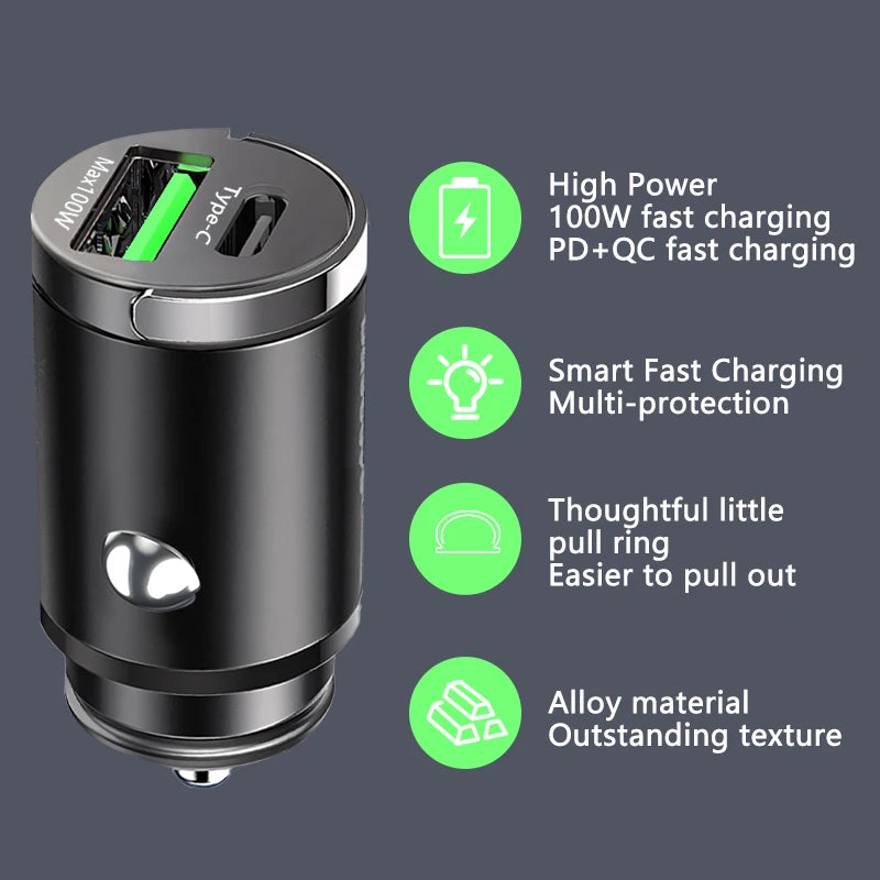 100W Mini Car Charger Lighter Fast Charging for iPhone QC3.0 Mini PD USB Type C Car Phone Charger for Xiaomi Samsung Huawei - Maliame Store