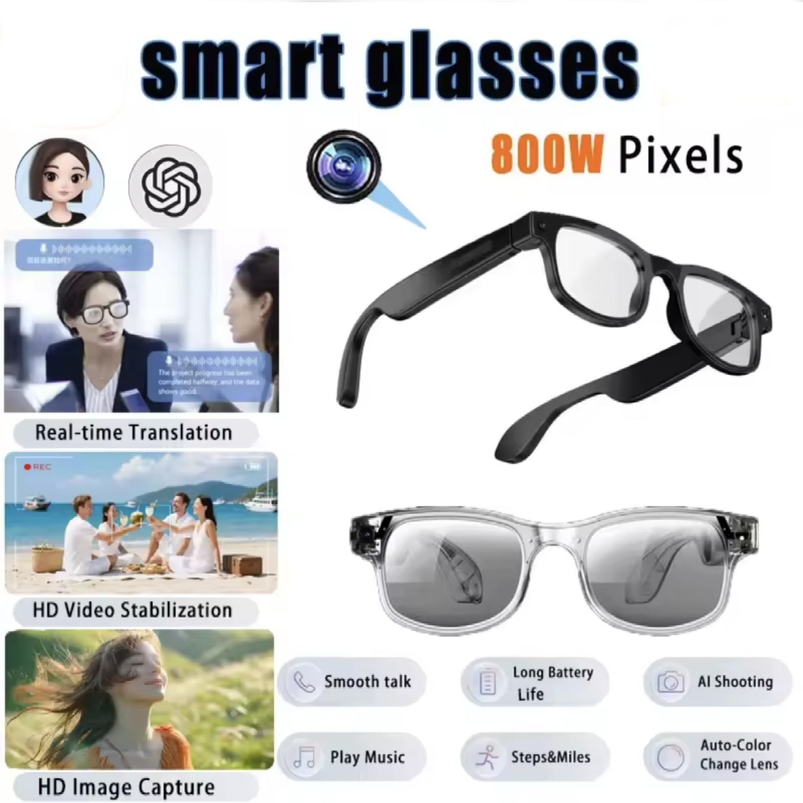 Smart AI glasses 8MP Camera, Multifunction translation, music, call - Maliame Store