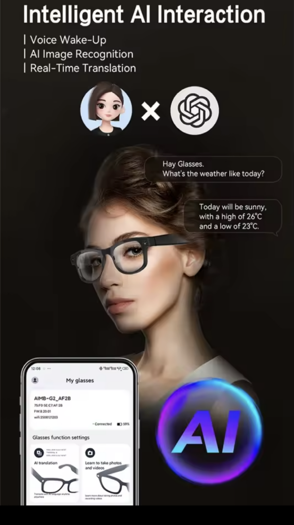Smart AI glasses 8MP Camera, Multifunction translation, music, call - Maliame Store