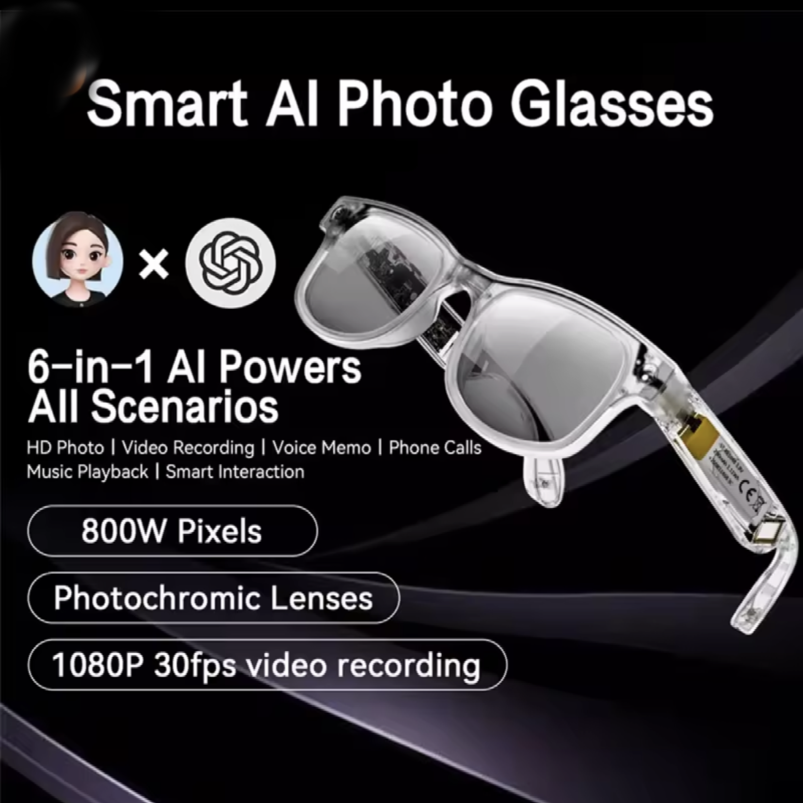 Smart AI glasses 8MP Camera, Multifunction translation, music, call - Maliame Store