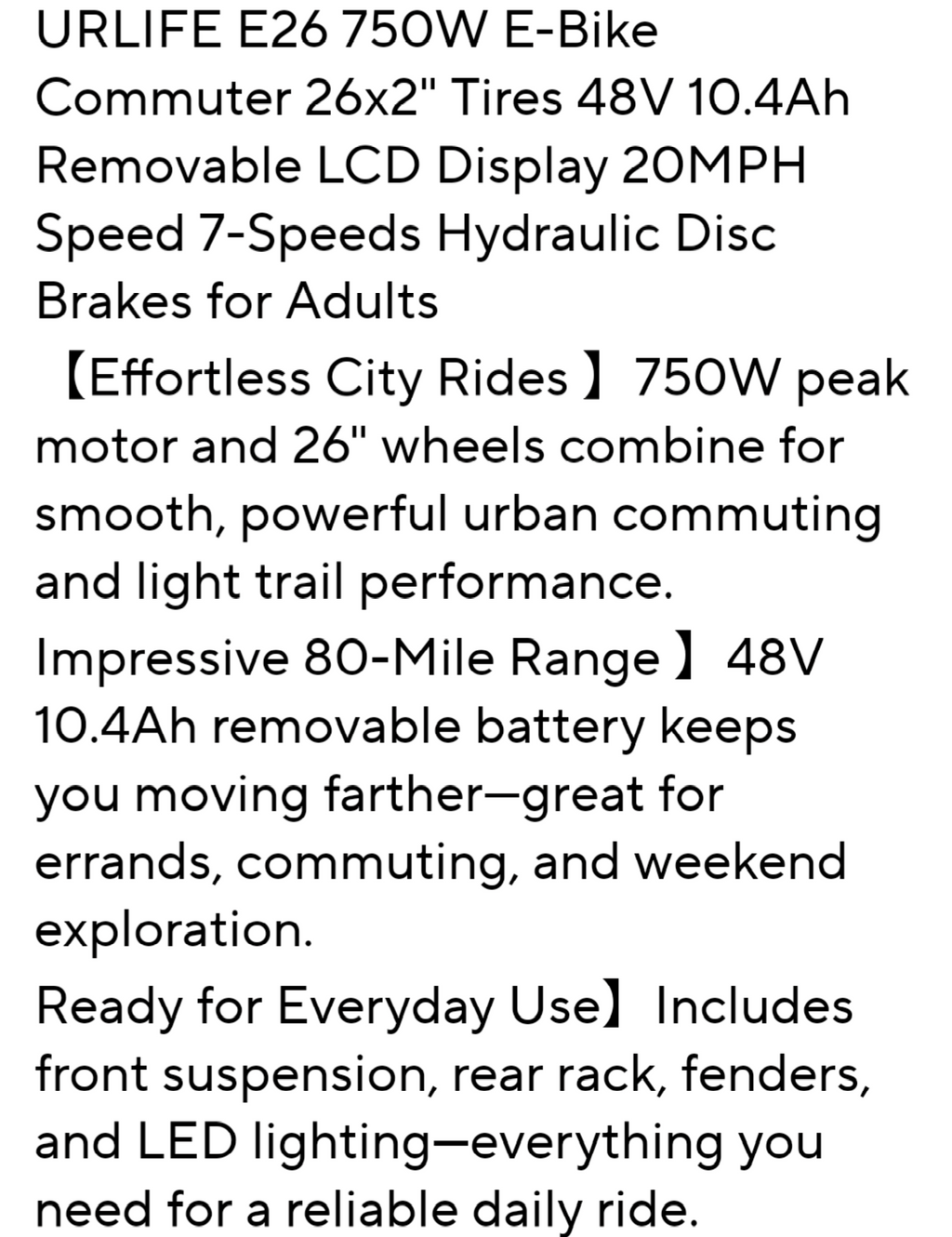 E26 Electric Bike 26x2"  7-Speeds