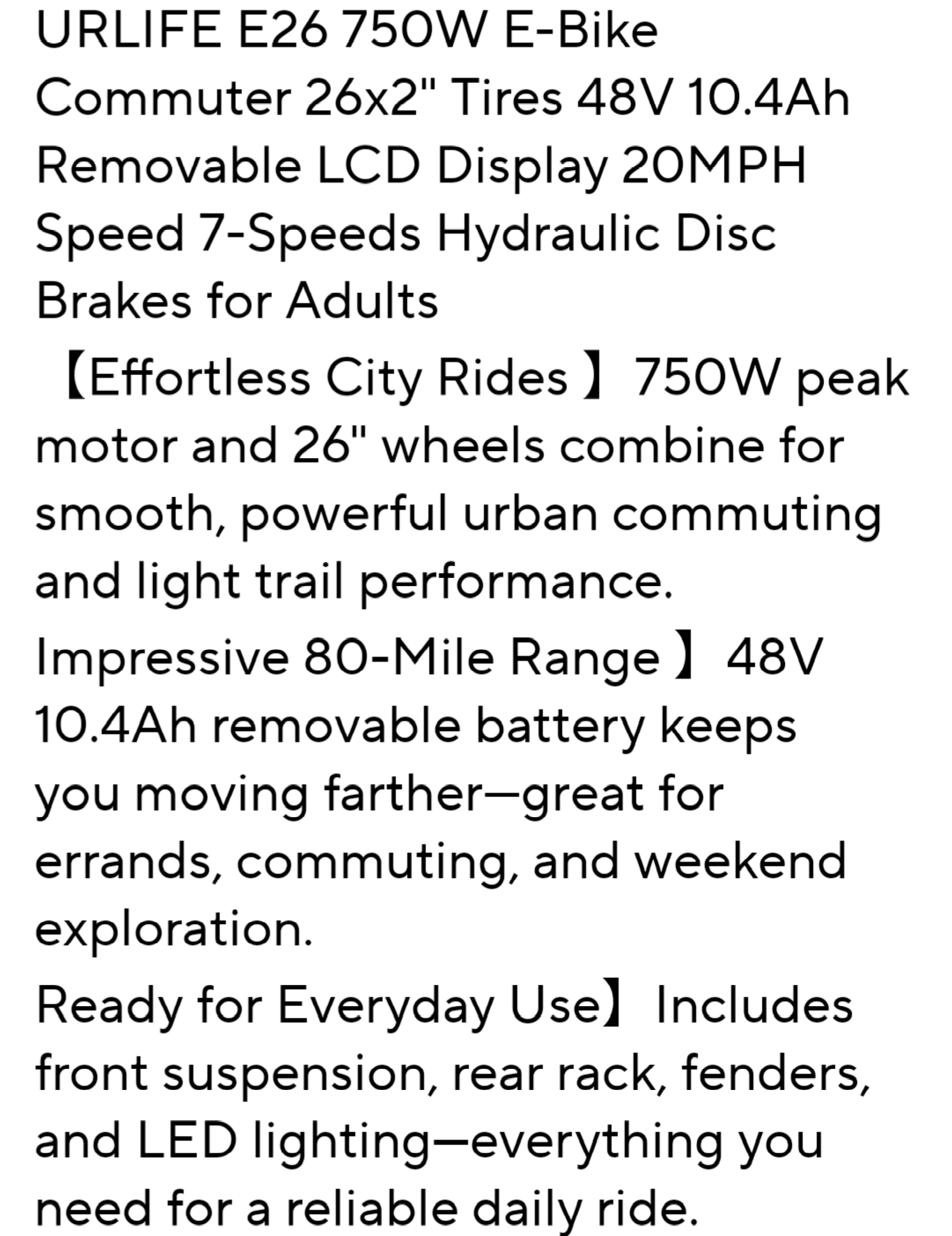 E26 Electric Bike 26x2"  7-Speeds