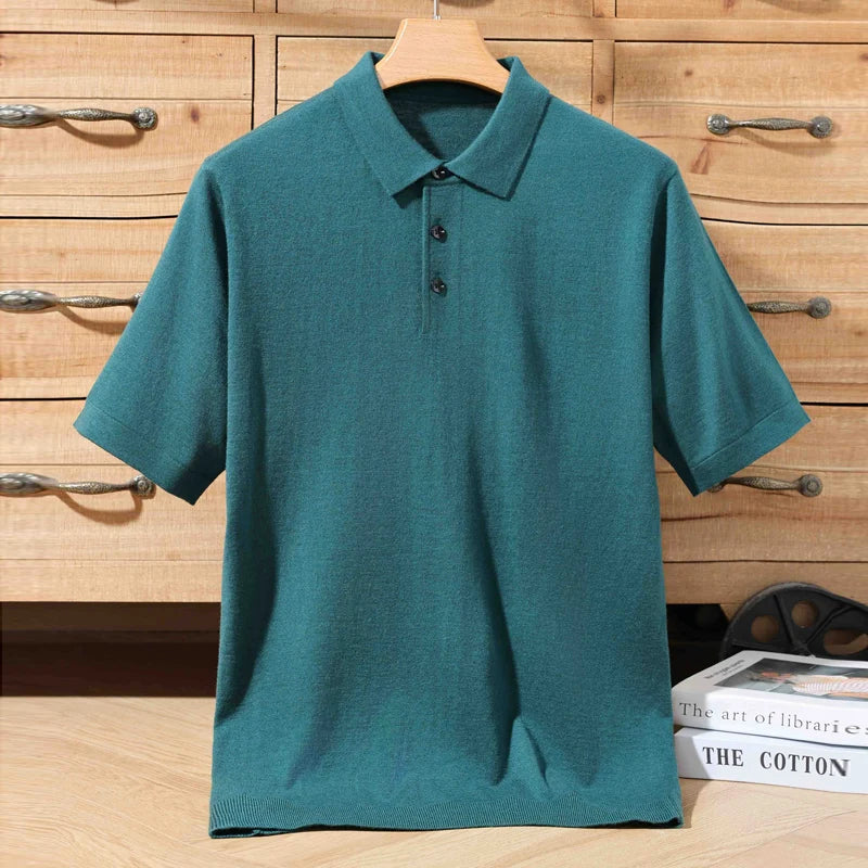 100% merino sweater summer men's lapel pullover short sleeve POLO neck sweater loose top knitted clothing plus size T-shirt - Maliame Store