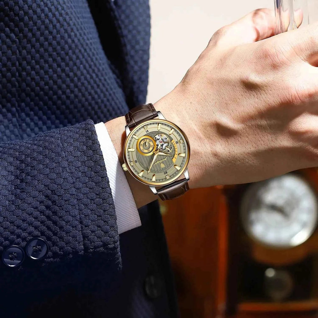 POEDAGAR Fashion Business Men Watch Waterproof Luminous Hollow Tourbillon Male Clock Automatic Mechanical Leather Men's Watches - Maliame Store