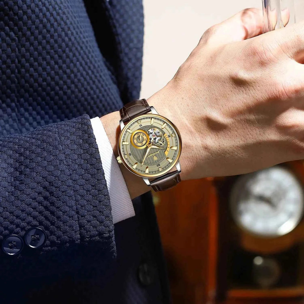 POEDAGAR Fashion Business Men Watch Waterproof Luminous Hollow Tourbillon Male Clock Automatic Mechanical Leather Men's Watches - Maliame Store