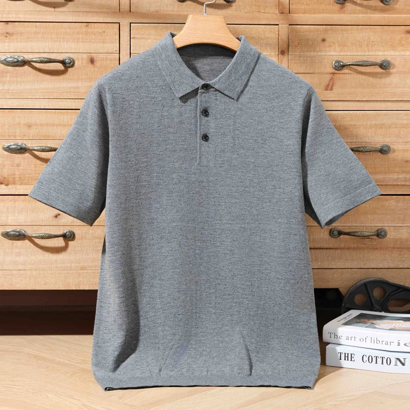 100% merino sweater summer men's lapel pullover short sleeve POLO neck sweater loose top knitted clothing plus size T-shirt - Maliame Store