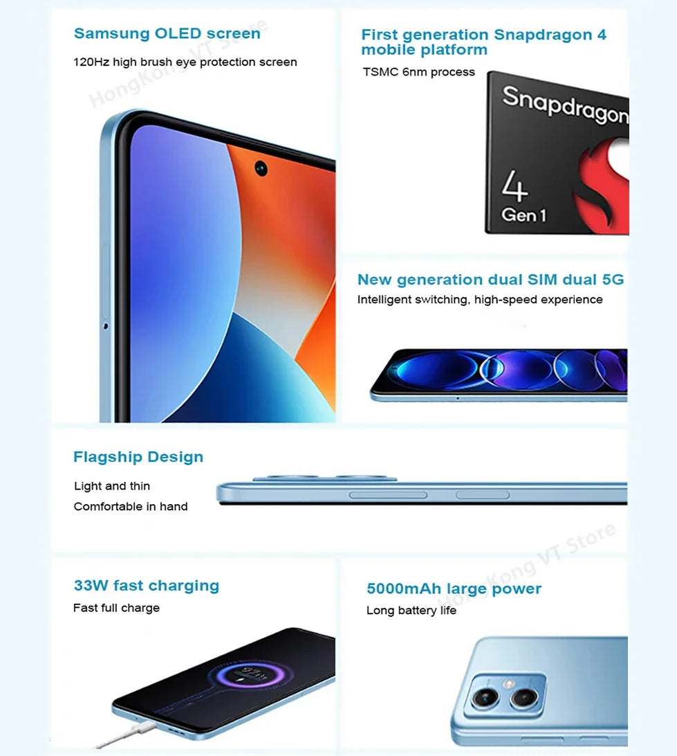 Smartphone Global Rom Xiaomi Redmi Note 12 5G 128GB/256GB écran GOLED 6,67'' 120Hz Snapdragon 4 Gen1 Double appareil photo 48MP 33W, occasion