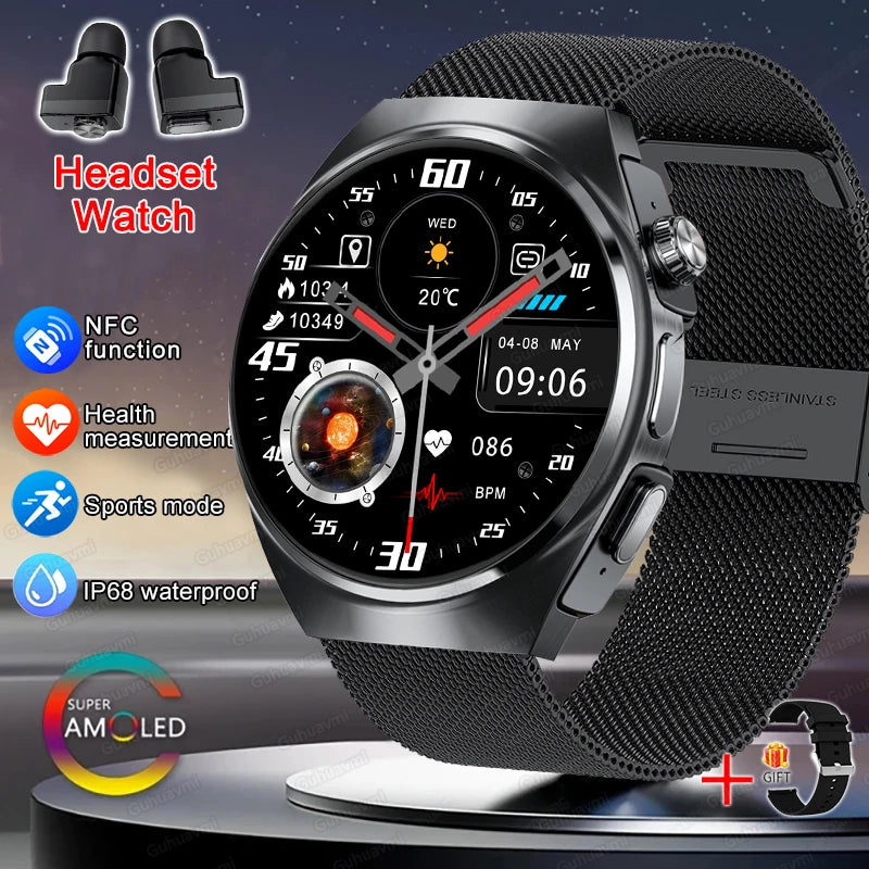2025 New Man Smart Watch TWS Headset Two In One Wireless Bluetooth Dual Earbuds Call Health Monitor Sport Tracker NFC Smartwatch - Maliame Store