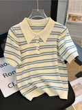 2024 Striped Short Sleeve Women's T-Shirt - Polo Neck Knitting Slim Fit Top for Women S145 - Maliame Store