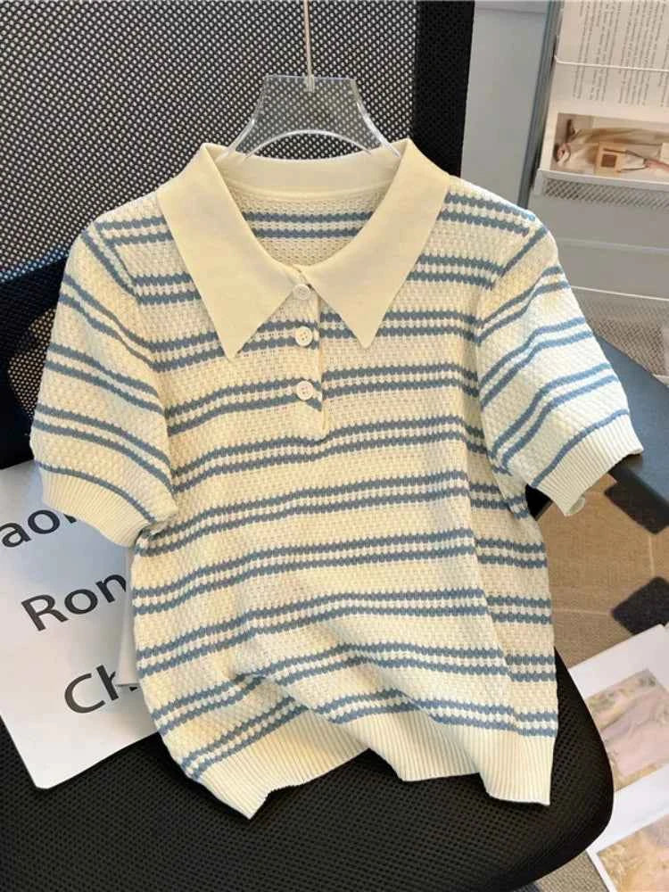 2024 Striped Short Sleeve Women's T-Shirt - Polo Neck Knitting Slim Fit Top for Women S145 - Maliame Store