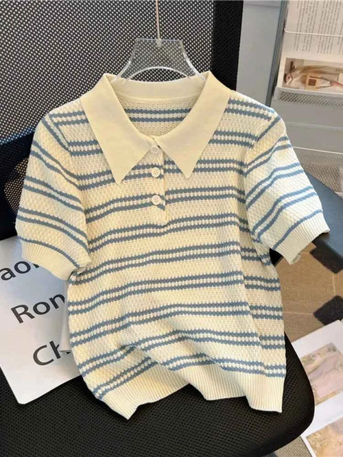 2024 Polo Neck New Womens Knitting T-Shirt Striped Short Sleeve Women T Shirt for Female Slim Tops Woman T Shirts Clothing S145.