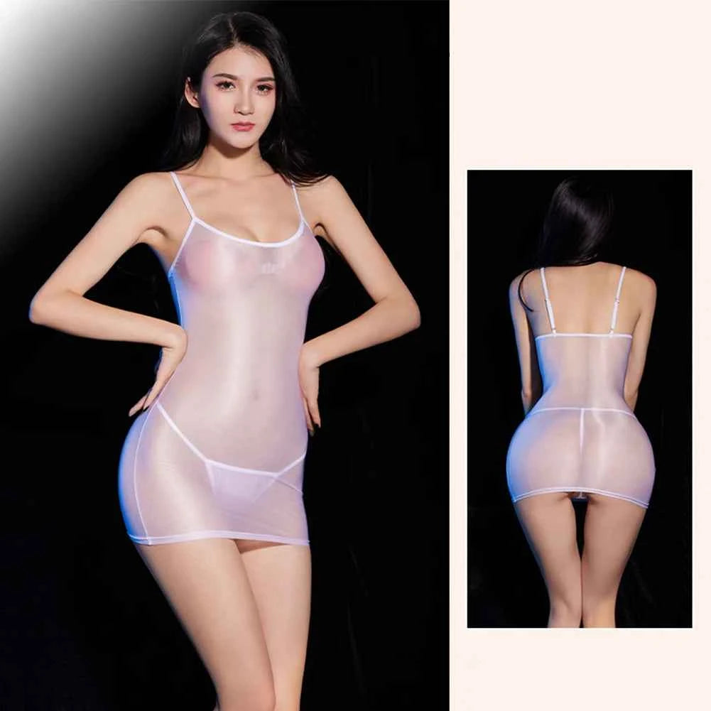 Sexy Women Exotic Dresses Oily Glossy Backless Sheer Temptation High Strech Lingerie Nightwear Transparent Wet Look Dresses