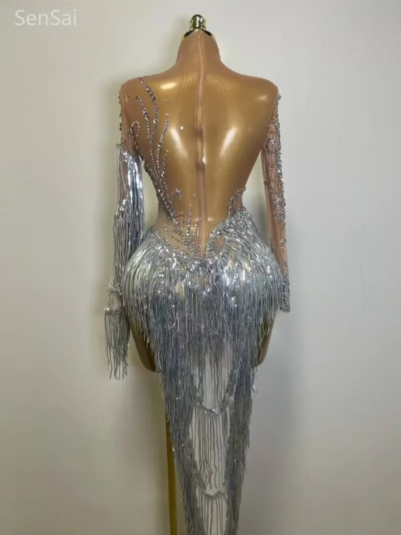 Sexy Transparent Dress Women Sparkly Rhinestone Pearl Sequins Tassel Evening Birthday Party Nightclub Dance Singer Stage Outfit