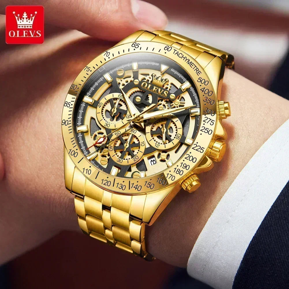 OLVES Luxury Men's Watches Golden Stainless Steel Man Watch Luminous Quartz Wrist Watch Automatic Movement Watches for Men Clock
