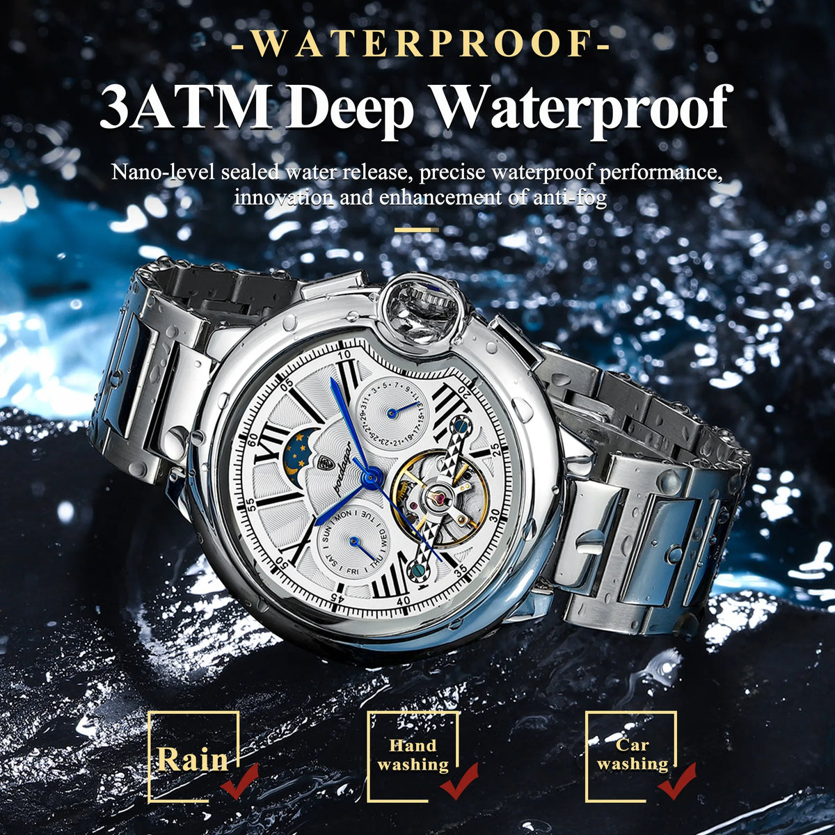 POEDAGAR Luxury Business Male Watch Date Week Stainless Steel Tourbillon Men Clock Waterproof Automatic Mechanical Men's Watches - Maliame Store