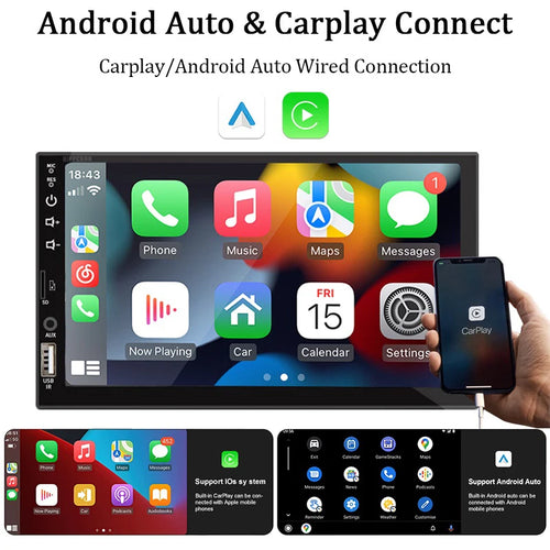 Autoradio 7" 1 Din – CarPlay, Android Auto, Bluetooth, Écran Tactile HD, FM/AUX