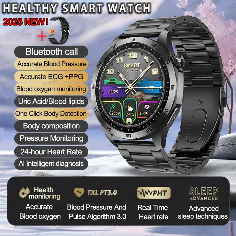 2025New Micro Physical Examination Blood Lipids Uric Acid Blood Pressure Smart Watch ECG+PPG Clock Bluetooth Call Smartwatch Men