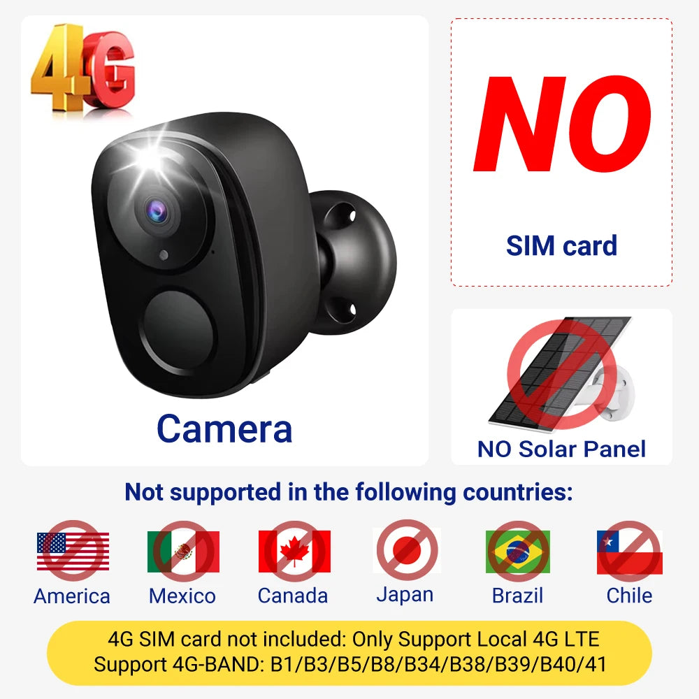 Caméra de sécurité solaire 4G 5MP WiFi 2,4G sans fil extérieure vision nocturne couleur alimentée par batterie support PIR étanche audio bidirectionnel