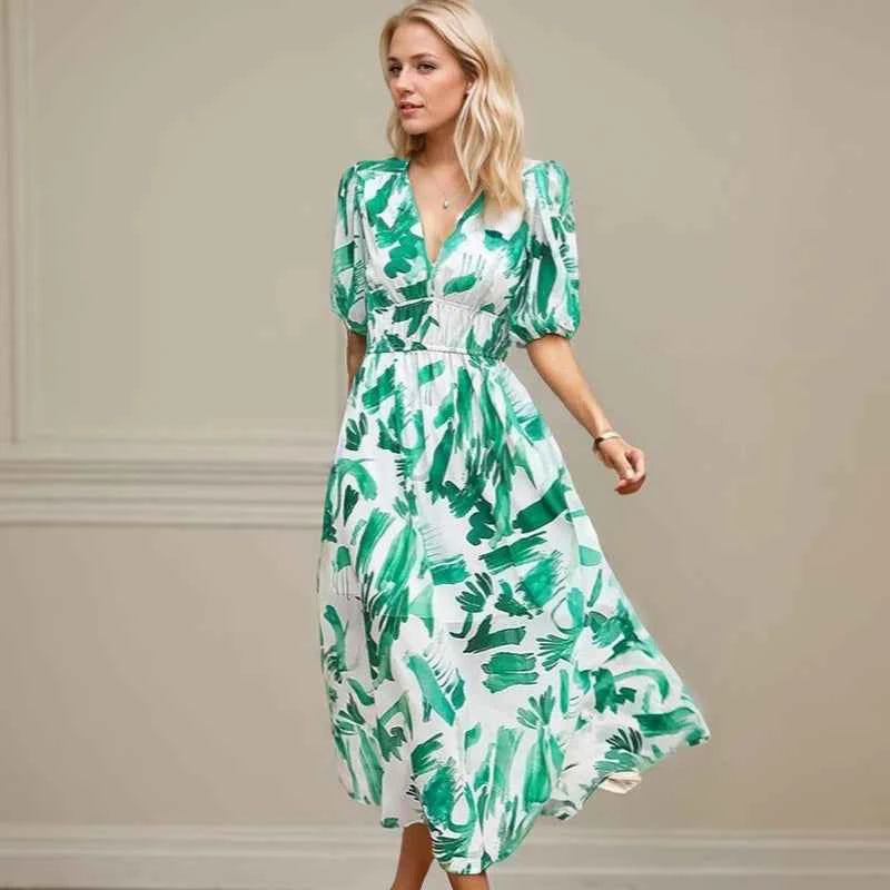 Sexy V Neck Dress For Women Luxury Deep V Neck Quarter Sleeve Elastic Waist Floral Dresses Casual Resort Tea Break A-Line Dress