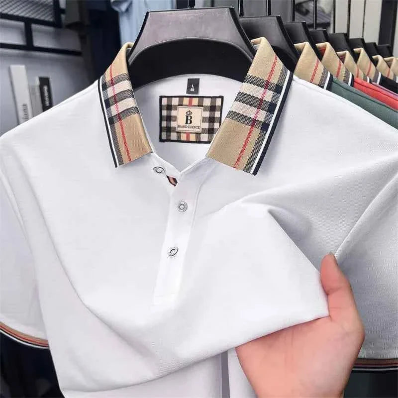 Luxury brand short sleeve polo shirt men's summer new silk cotton breathable fashion top casual business plaid lapel T-shirt - Maliame Store