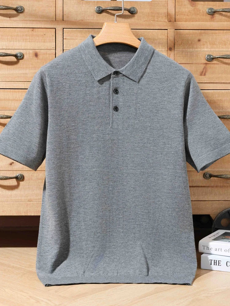 100% merino sweater summer men's lapel pullover short sleeve POLO neck sweater loose top knitted clothing plus size T-shirt - GigaDeals