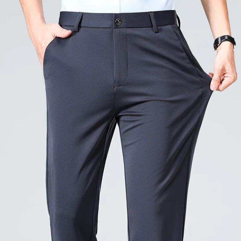Spring Summer Stretch Smooth Trousers Men Classic Business Elastic Waist Pants Thin Black Gray Blue Casual Suit Pants Male Brand - Maliame Store