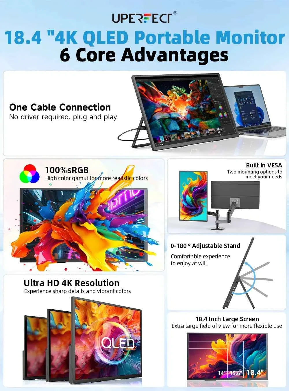 UPERFECT 18.4 inch 4K QLED Portable Monitor Gaming Computer Display Ultra-Slim Extend Screen For PS5/4 Switch Laptop PC Mac Xbox - Maliame Store