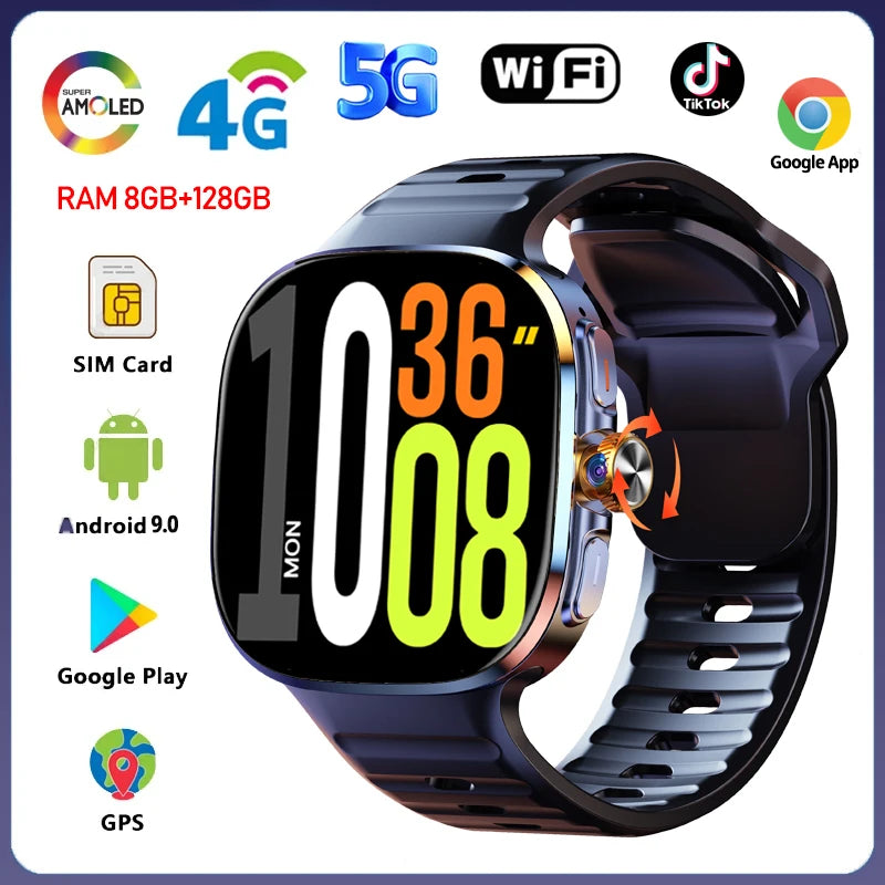 Montre Intelligente 5G/4G Tout Réseau Appel Vidéo sur Grand Écran HD 2,40 pouces 720*720 8 Go+128 Go de RAM Google Play WIFI GPS Smartwatch 2100 mAh