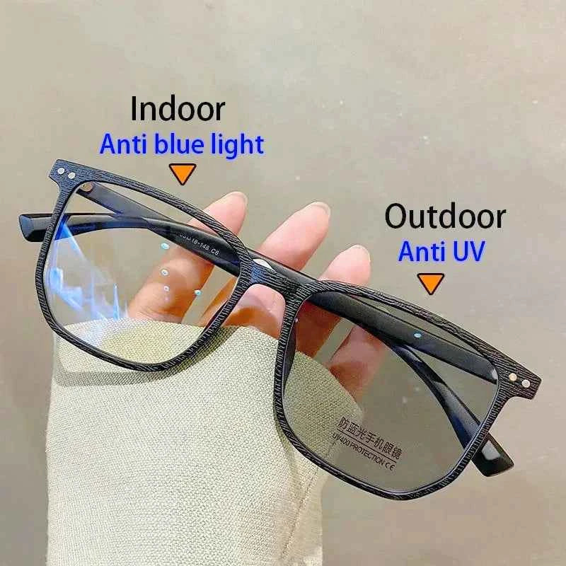 Photochromic Prescription Glasses Retro Wood Grain Frame Blue Light Blocking Glasses for Men and Women,Reading & Computer Use - Maliame Store