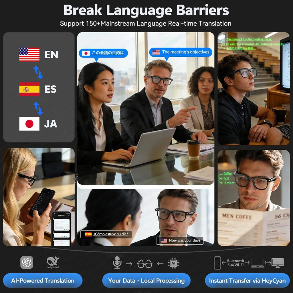 Lunettes intelligentes 4K 8MP Homme avec caméra HD 2026, traduction plus de 150 langues, ChatGPT, enregistrement vidéo WIFI, appel Bluetooth, lunettes audio Femme