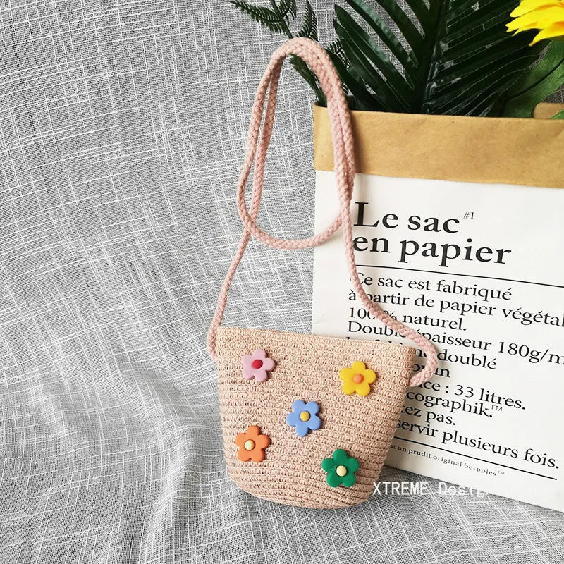 Summer Children's Straw Woven Messenger Bag Lovely Girls Small Coin Purse Handbags Baby Kids Mini Shoulder Bags Princess Wallet - Maliame Store