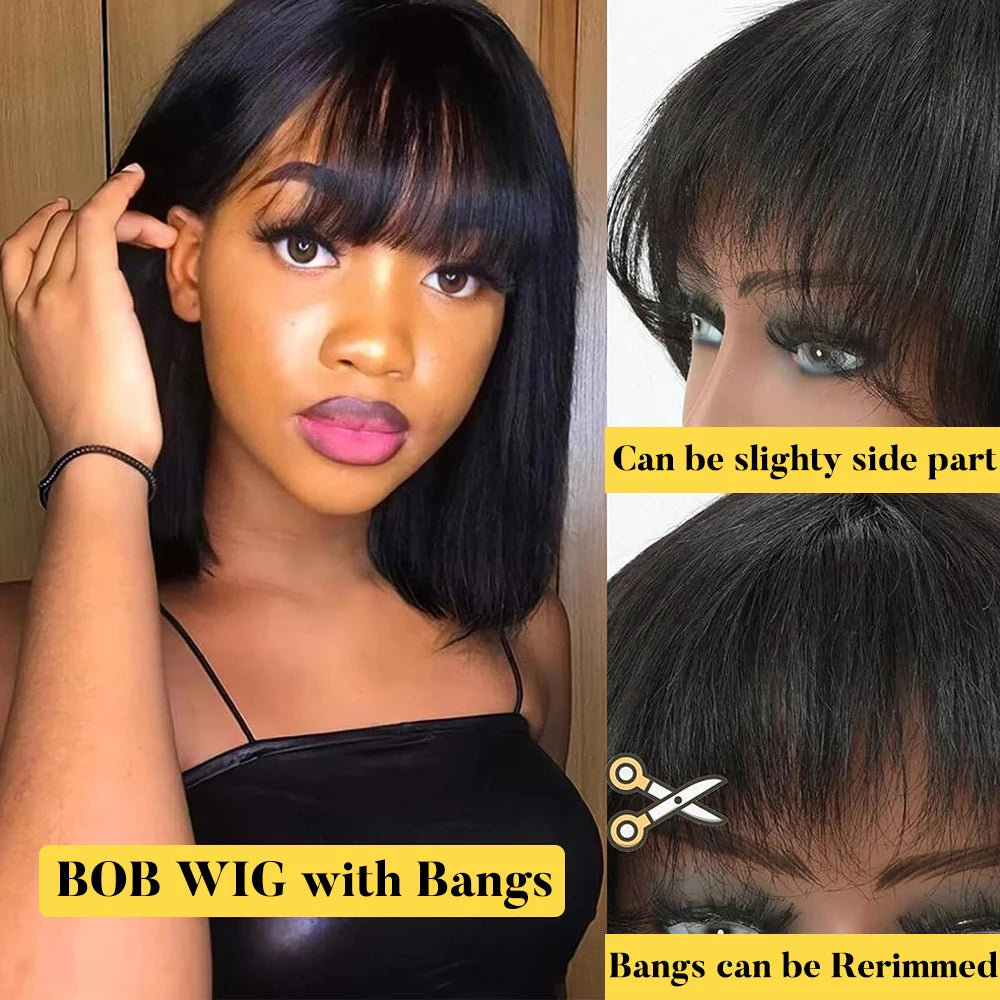 Short Bob Wig with Bangs Straight Human Hair Bob with Bangs Wig Human Hair 180% Density Straight Bang Bob Wig For Women - Maliame Store
