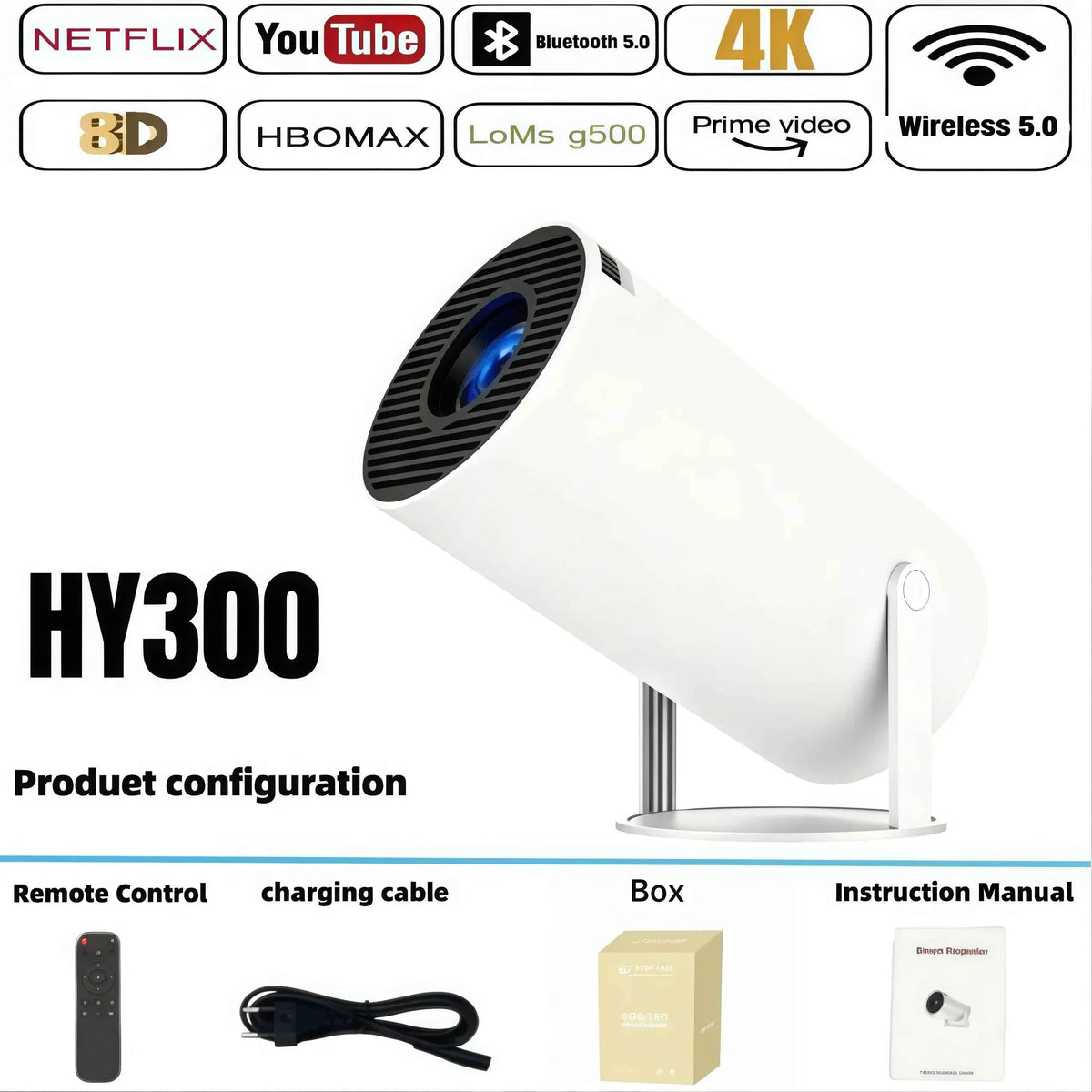 Projector HY300 4K Android 11 Dual Wifi6 260ANSI Allwinner H713 BT5.0 1080P 1280*720P Home Cinema Outdoor Projetor - Maliame Store