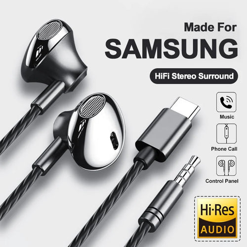 USB Type C Headphone HiFi Bass Stereo Volume Control Mic 3.5mm Wired Earbuds For Galaxy S24 S23 S22 S21 Ultra iPhone 15 Pro Max - Maliame Store