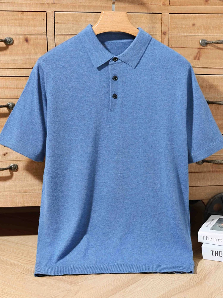 100% merino sweater summer men's lapel pullover short sleeve POLO neck sweater loose top knitted clothing plus size T-shirt - GigaDeals
