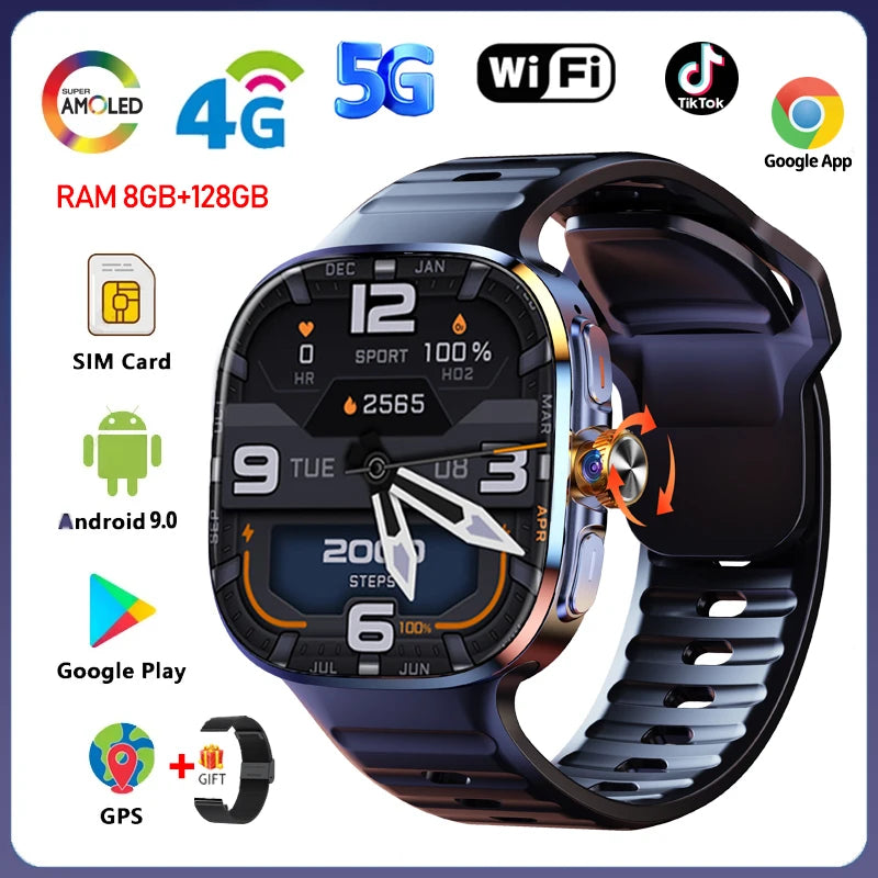 Montre Intelligente 5G/4G Tout Réseau Appel Vidéo sur Grand Écran HD 2,40 pouces 720*720 8 Go+128 Go de RAM Google Play WIFI GPS Smartwatch 2100 mAh