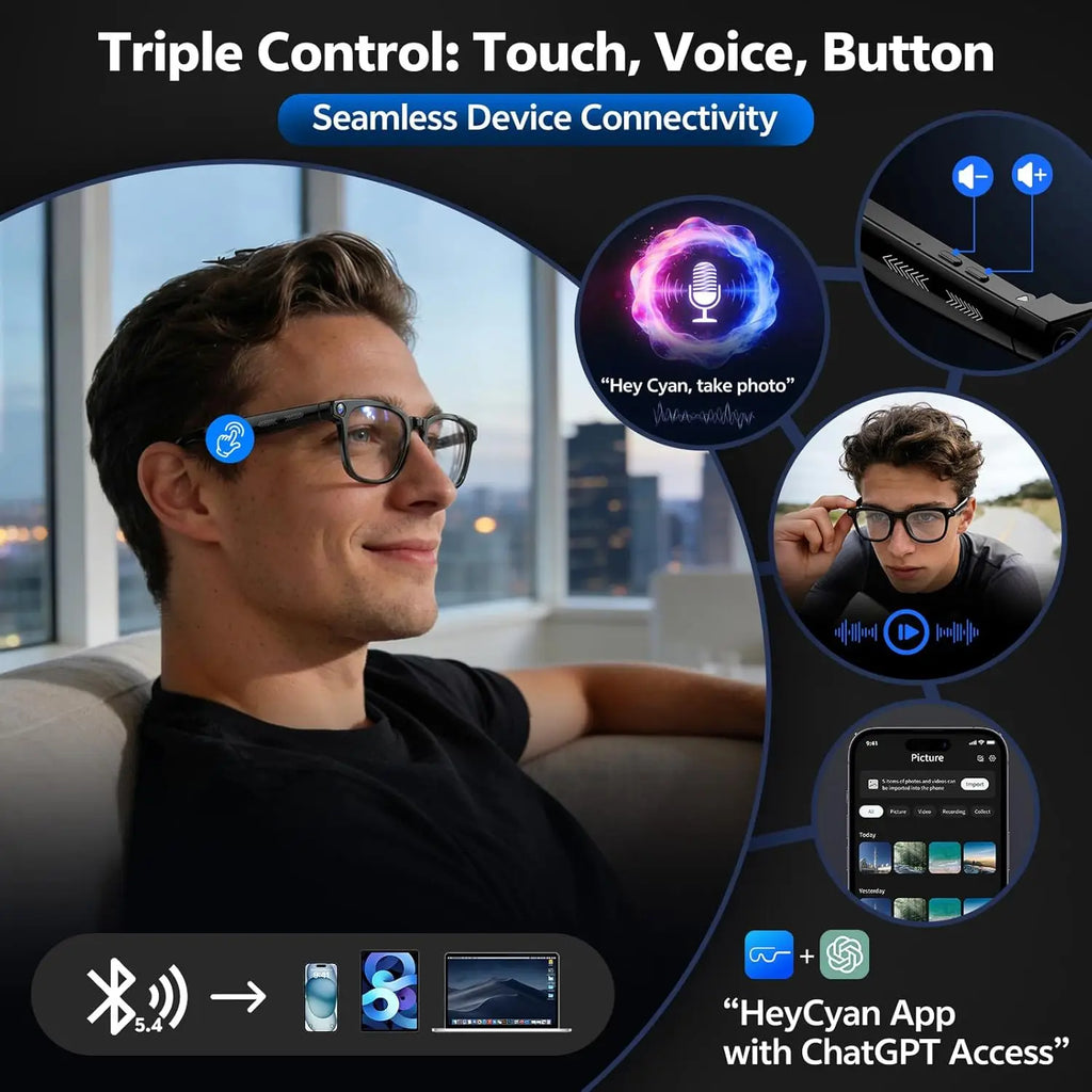 Lunettes intelligentes 4K 8MP Homme avec caméra HD 2026, traduction plus de 150 langues, ChatGPT, enregistrement vidéo WIFI, appel Bluetooth, lunettes audio Femme