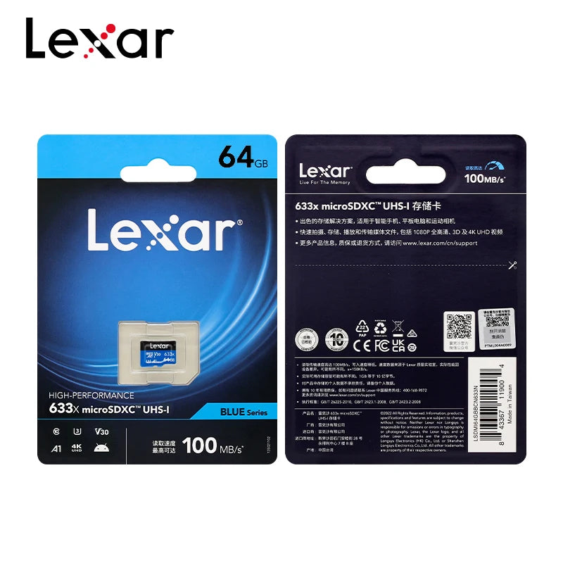 100% Original Lexar Class 10 A1 Memory Card 256GB 128GB 64GB SDXC V30 U3 32GB SDHC V10 U1 Lexar 633x Micro SD Card Flash Microsd