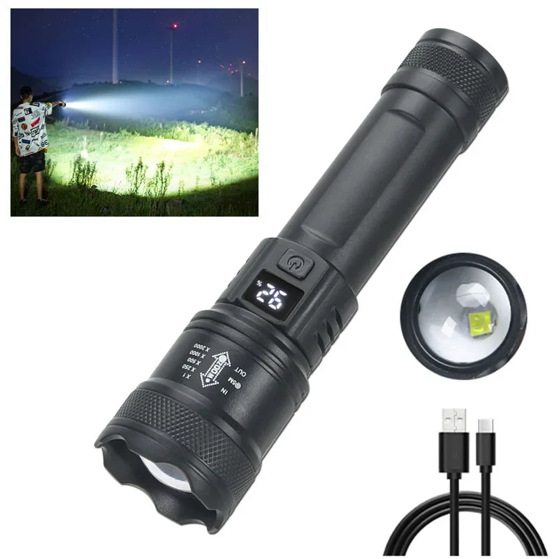 High Strong Power Led Flashlights 2000LM Tactical Torch with Display Light USB Charging Camping Fishing Emergency Zoom Lantern - Maliame Store