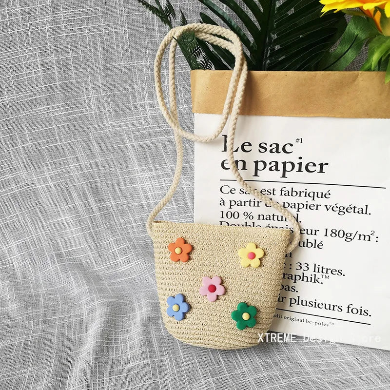 Summer Children's Straw Woven Messenger Bag Lovely Girls Small Coin Purse Handbags Baby Kids Mini Shoulder Bags Princess Wallet - Maliame Store