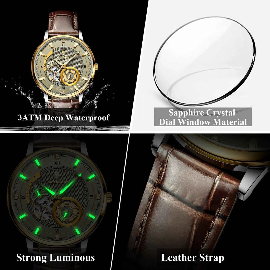 POEDAGAR Fashion Business Men Watch Waterproof Luminous Hollow Tourbillon Male Clock Automatic Mechanical Leather Men's Watches - Maliame Store