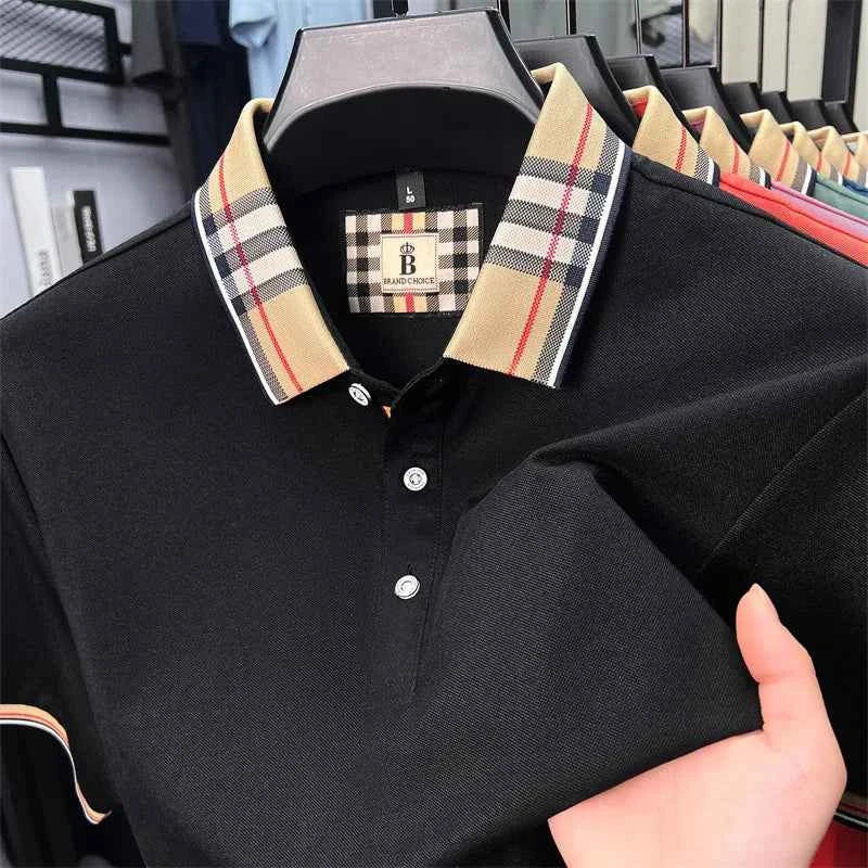 Luxury brand short sleeve polo shirt men's summer new silk cotton breathable fashion top casual business plaid lapel T-shirt - Maliame Store