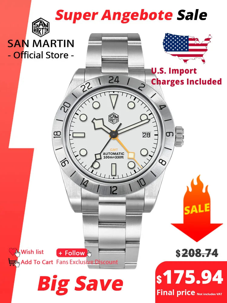 San Martin New 39mm NH34 BB GMT Automatic Mechanical Watch Sport Watch Sapphire Luminous Waterproof 100m for Men Relogio SN0054